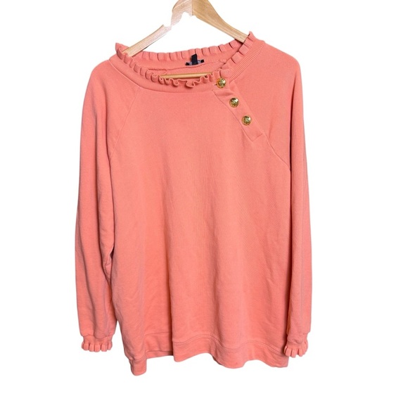 Talbots Womens Ruffle Trim Raglan Sweatshirt Size 1X Orange Gold Buttons Preppy - Picture 3 of 9